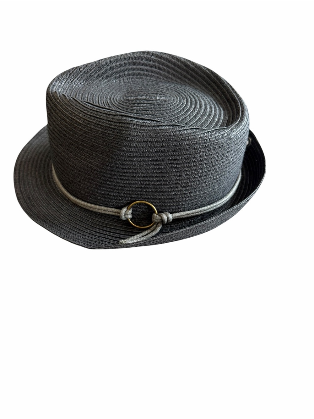 Peter Grimm Black Straw Pork Pie Hat One Size Rope Band 2 Inch Brim